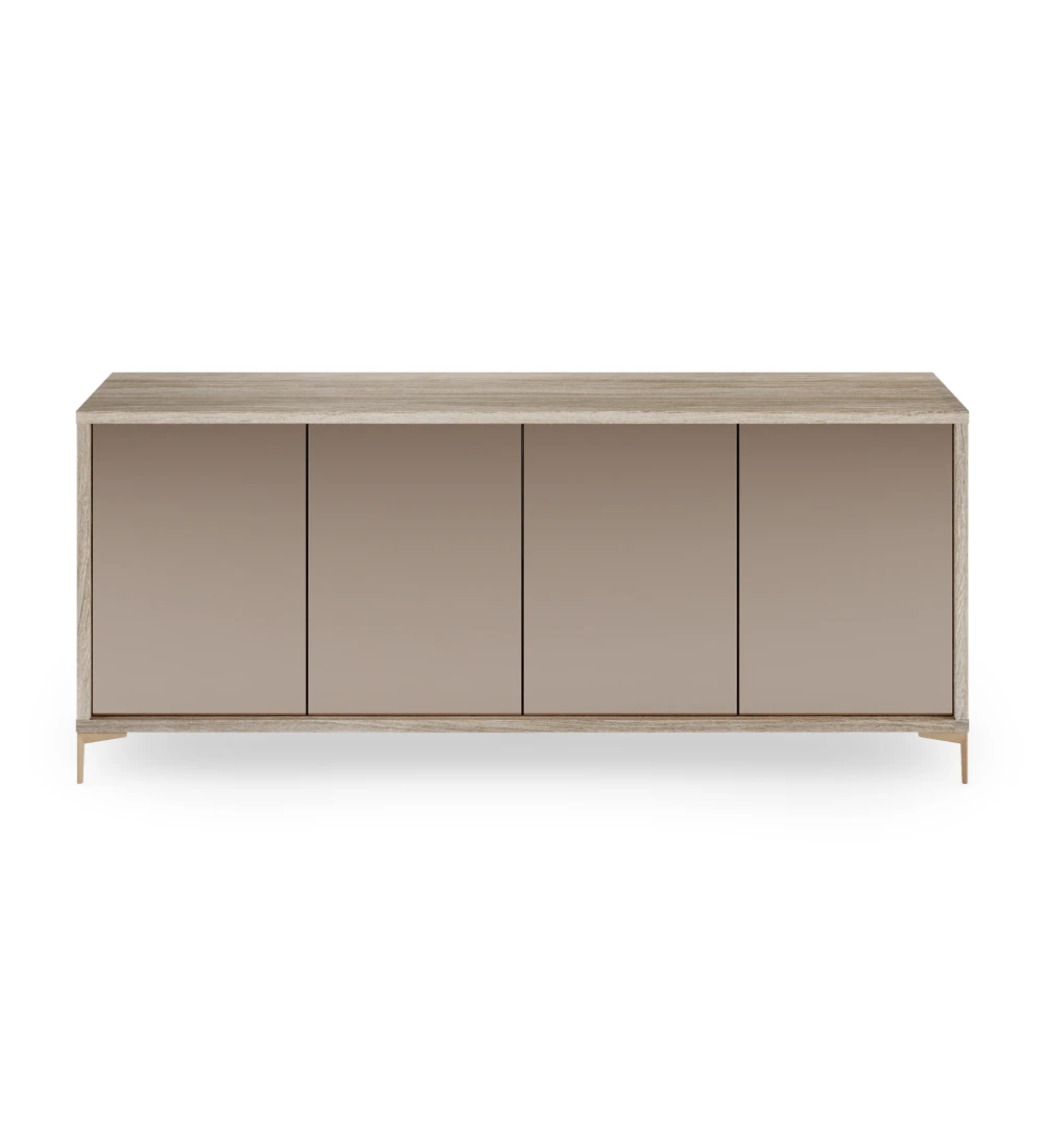 Tall sideboard with 4 rosé mirror doors, with decapé oak structure and golden metallic feet.