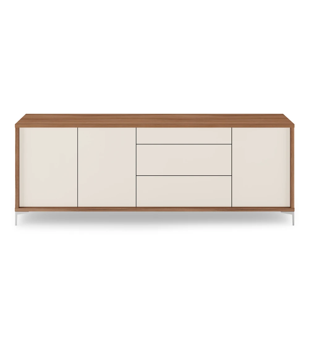 Sideboard with 3 doors and 3 drawers in pearl, walnut structure and metallic feet.