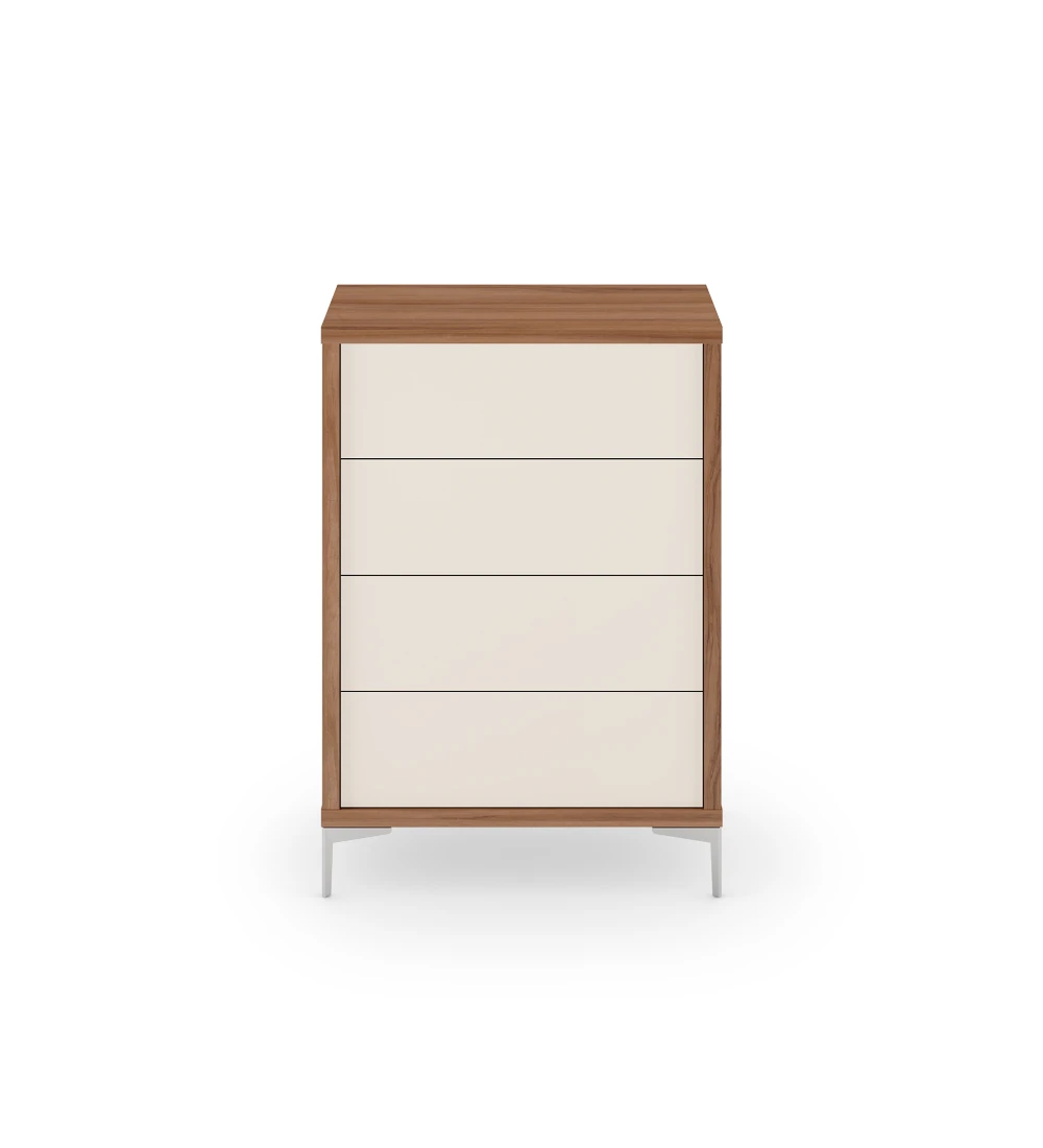 Dresser with 4 pearl drawers, walnut structure and metallic feet.