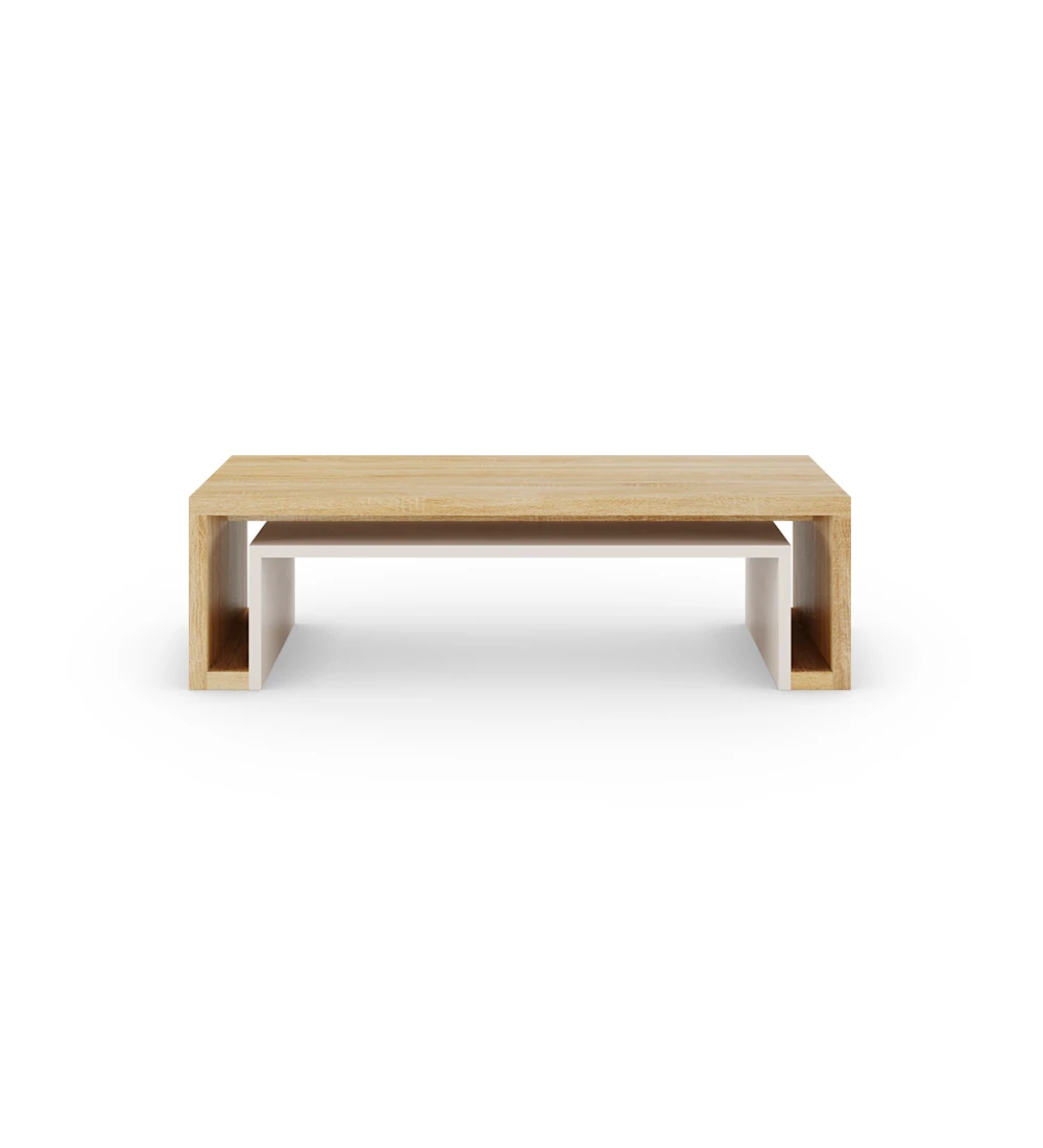 Table basse rectangulaire en chêne naturel, avec un détail intérieur en perle.