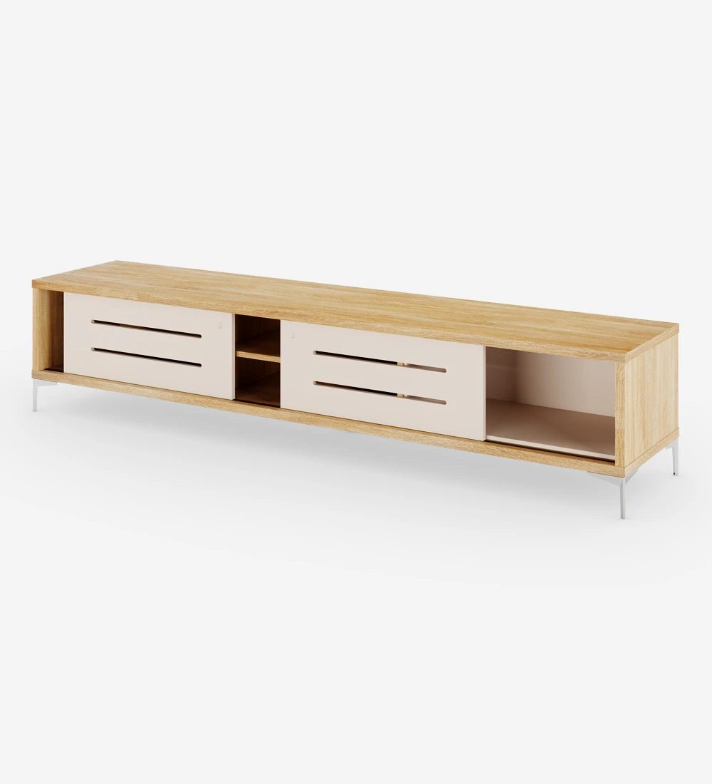 TV Stand with 2 sliding pearl doors with friezes, natural oak structure and metallic feet.