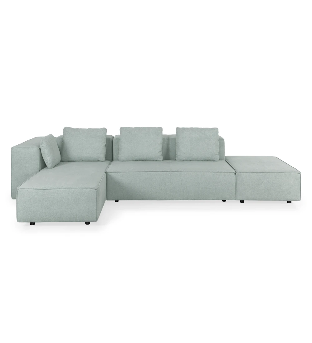 Corner sofa with chaise longue and puff, upholstered in fabric.