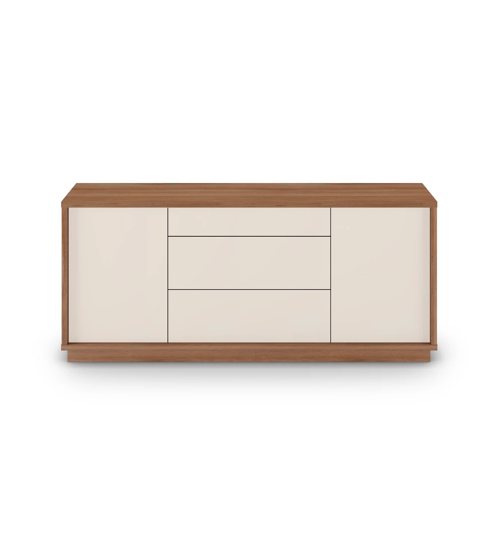 Sideboard with 2 doors and 3 drawers in pearl, with structure and baseboard in walnut.