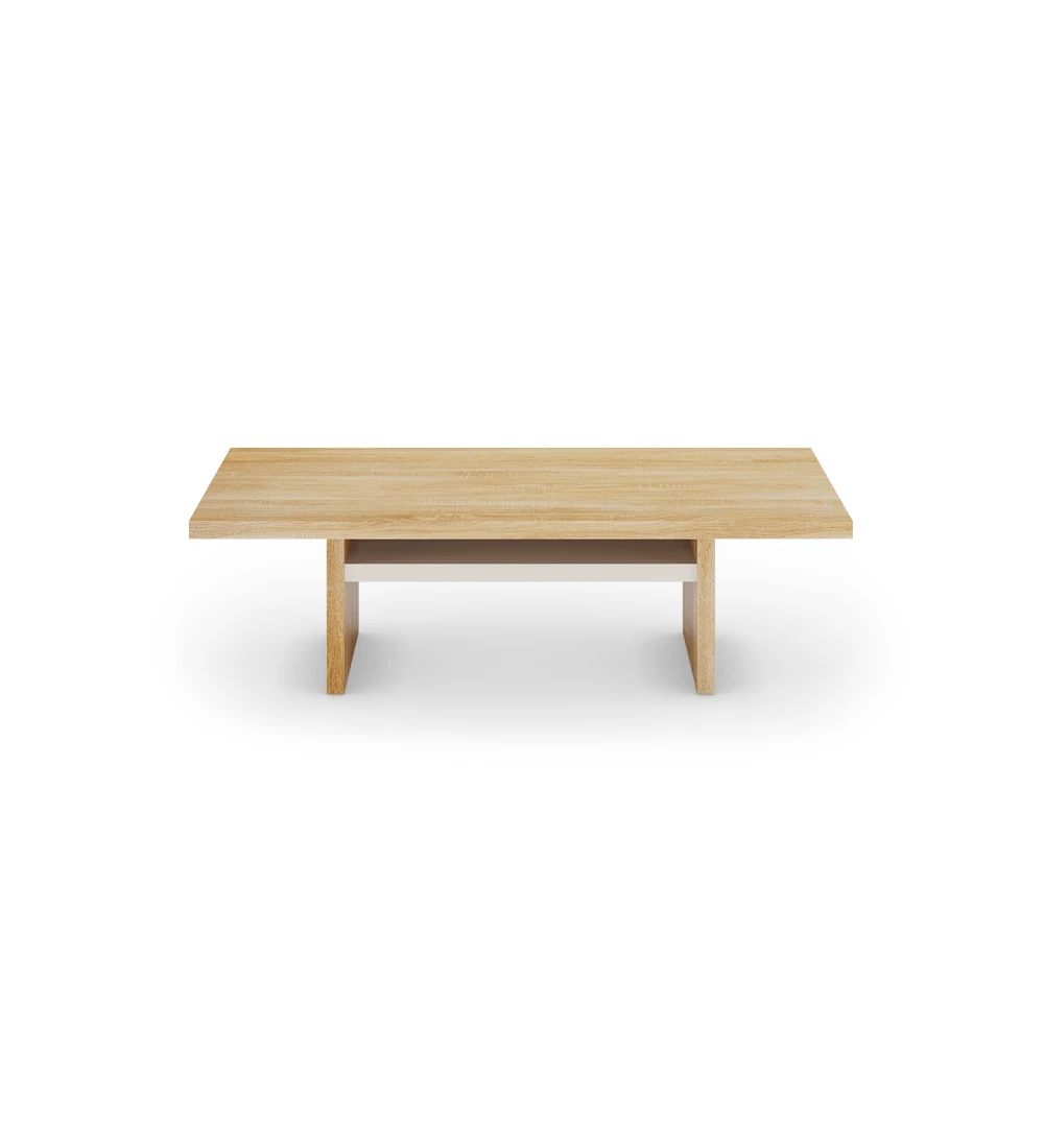 Table basse rectangulaire en chêne naturel et étagère en perle.