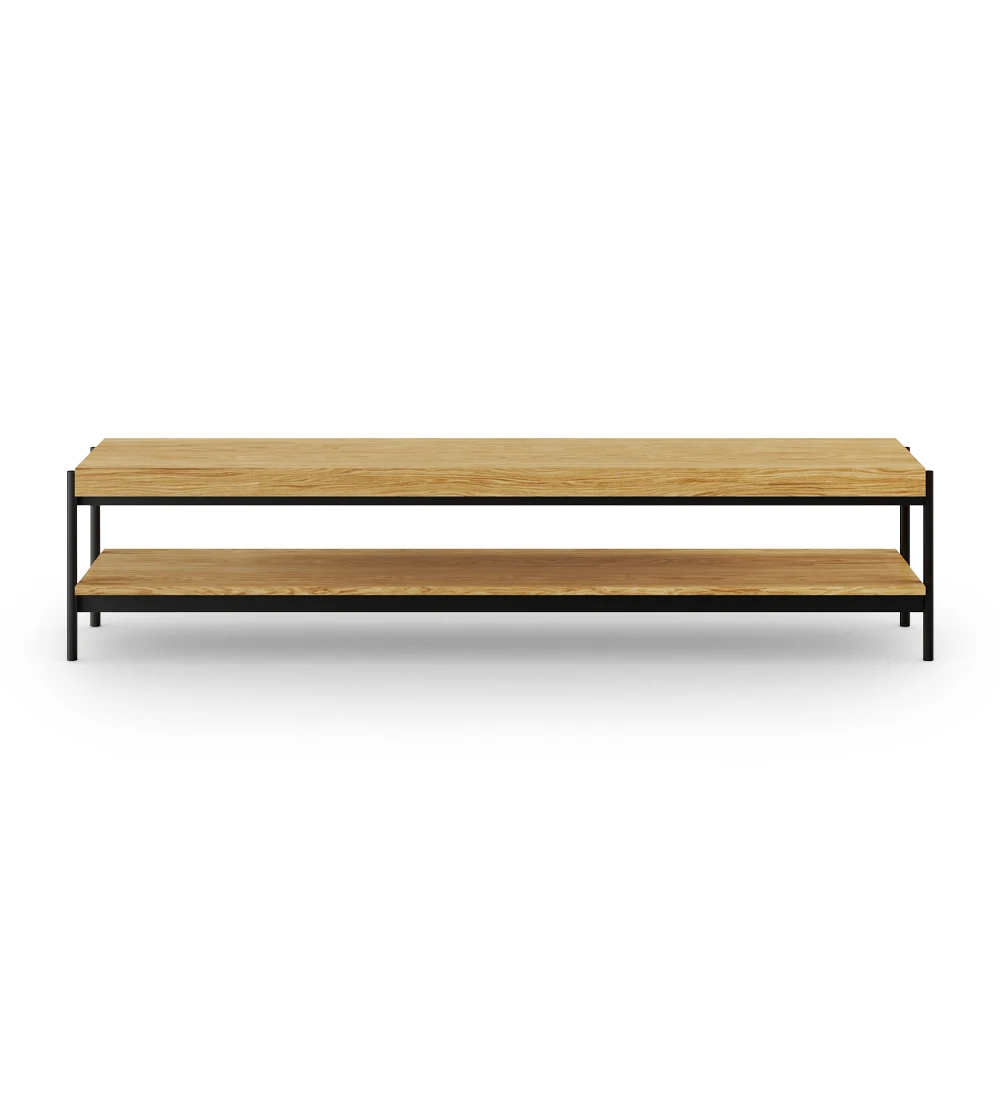 TV Console in natural oak, with black lacquered metal frame, feet with levelers.