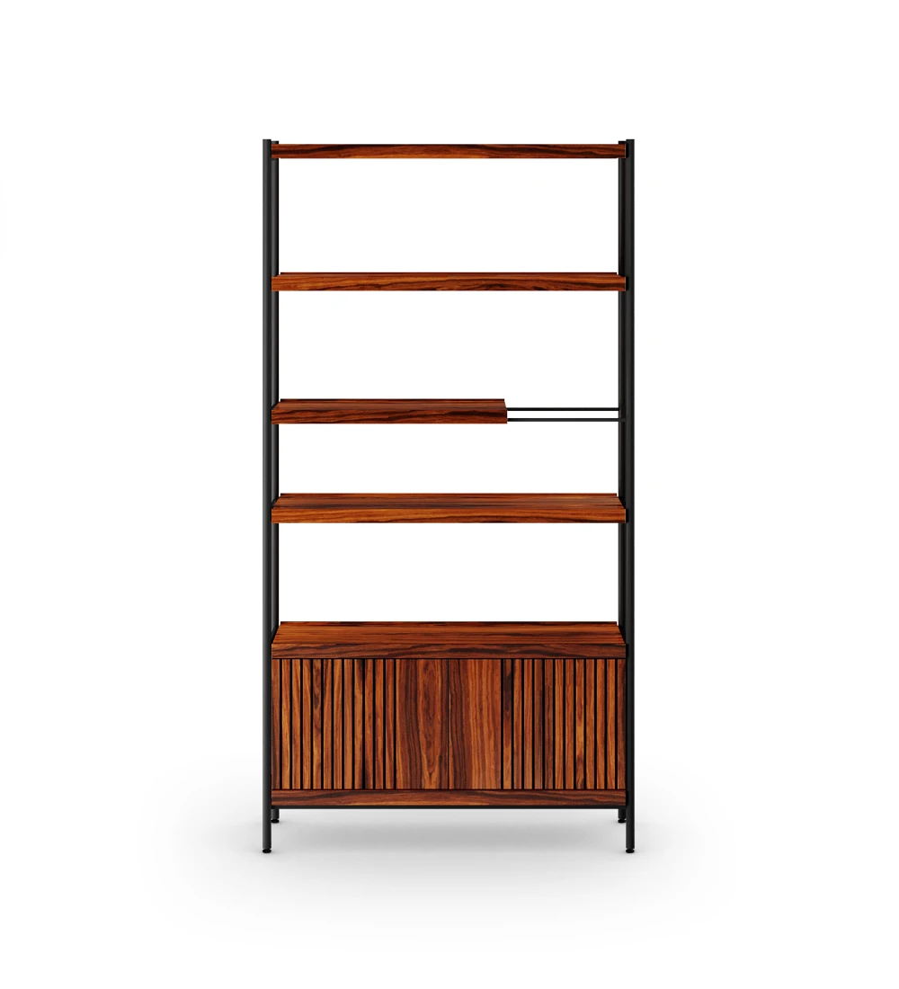 Double-sided bookcase with 2 doors module, in high gloss palissander with friezes, with black lacquered metal structure, feet with levelers.