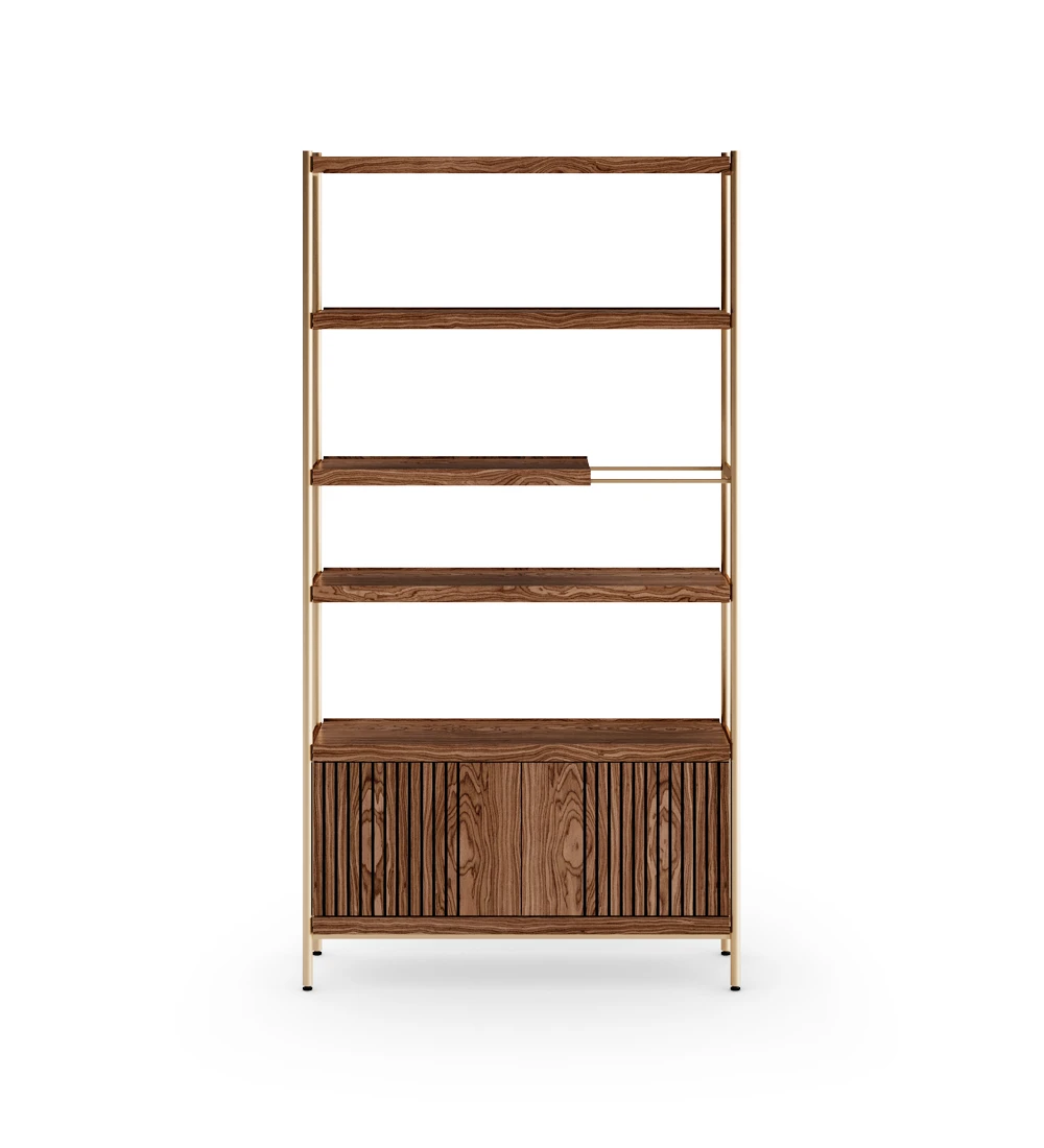 Double-sided bookcase with a 2 doors module, in walnut with friezes, with a golden lacquered metal structure, feet with levelers.
