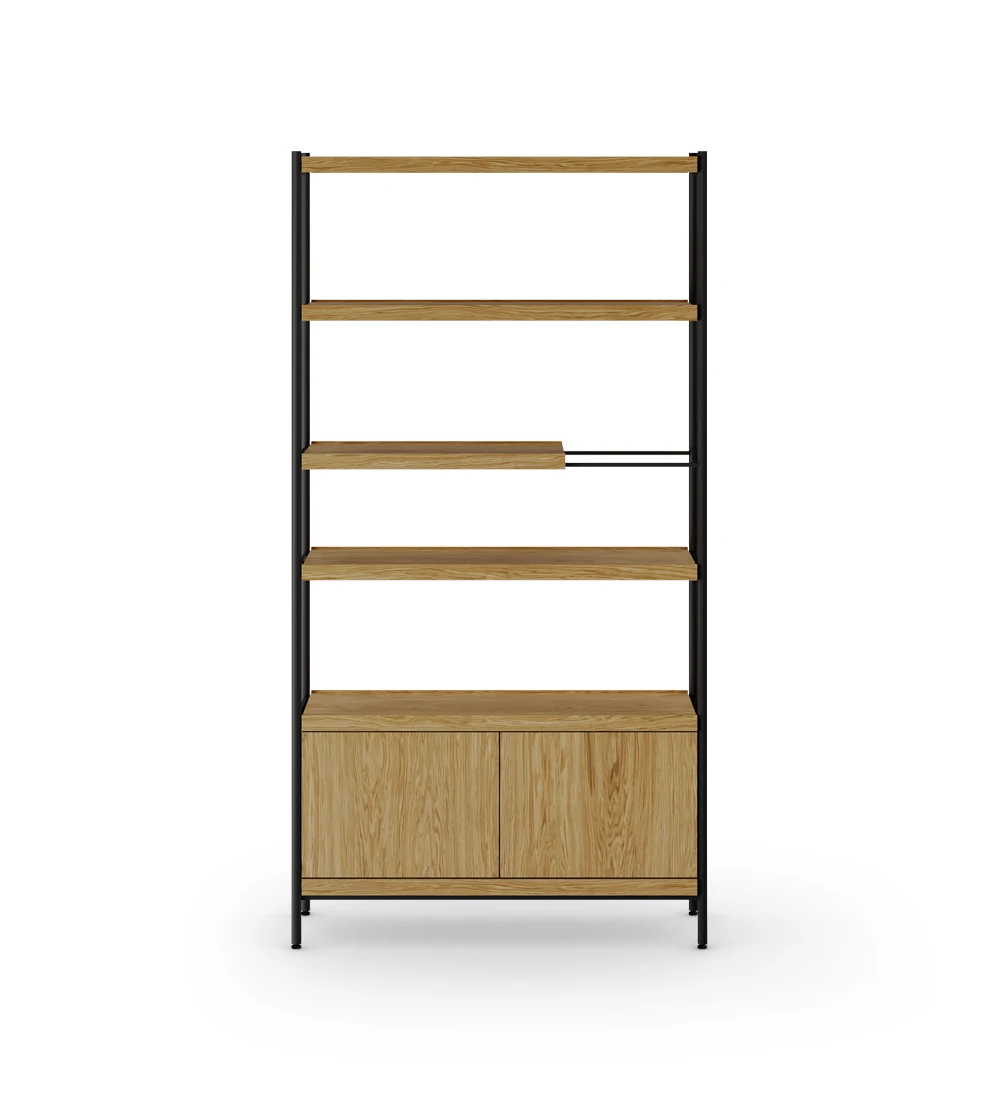 Double-sided bookcase with 2 doors module, in natural oak, with black lacquered metal structure, feet with levelers.