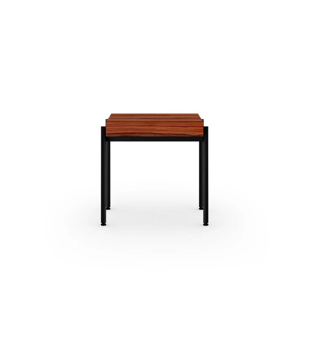 Square side table in high gloss palissander, black lacquered metal structure, legs with levelers.