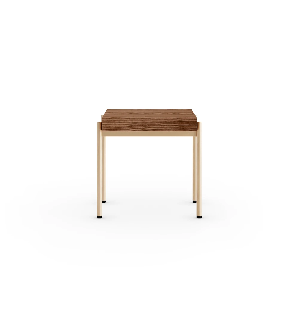 Square side table in walnut, gold lacquered metal structure, legs with levelers.