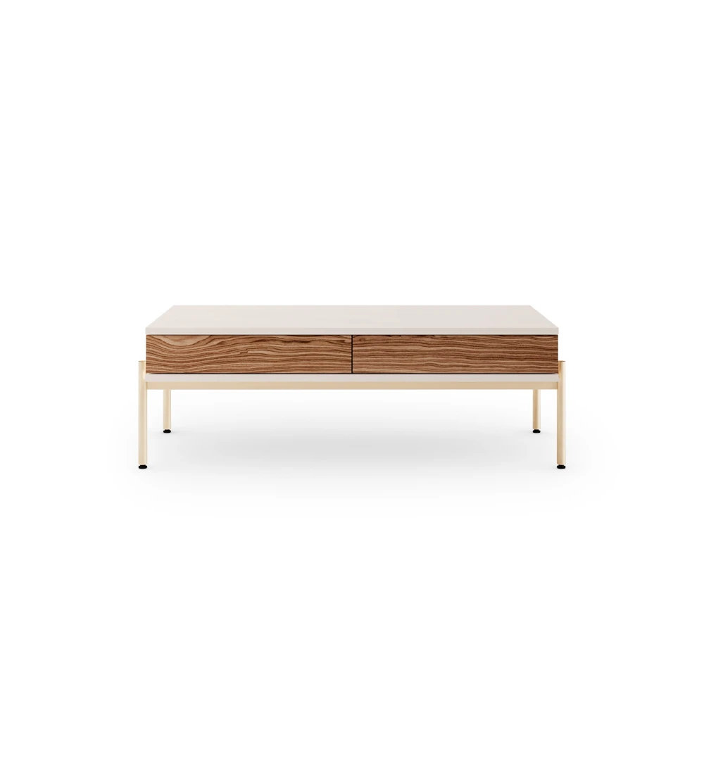 Rectangular center table in pearl, 2 drawers in walnut, golden lacquered metal structure, legs with levelers.