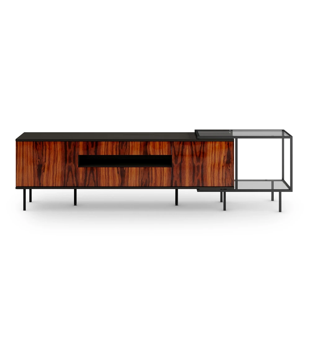 TV stand with two doors and two drawers in high gloss palissander, black structure and black lacquered metal feet with levelers. Side extension with black lacquered metal structure, top and glass shelf.