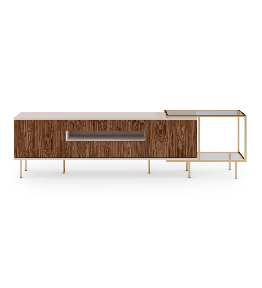 TV stand with two doors and two drawers in walnut, pearl structure and golden lacquered metal feet with levelers. Side extension with gold lacquered metal structure, top and glass shelf.