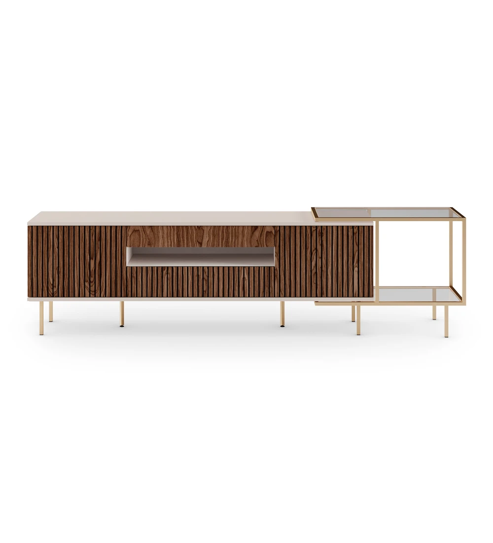 TV stand with two doors and two drawers with walnut trim, pearl structure and gold lacquered metal feet with levelers. Side extension with gold lacquered metal structure, glass top and shelf.