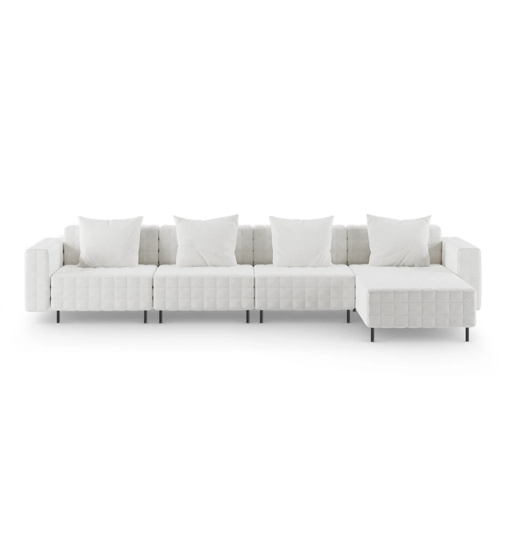 3 seater sofa with chaise longue, upholstered in fabric, with black lacquered metal feet.
