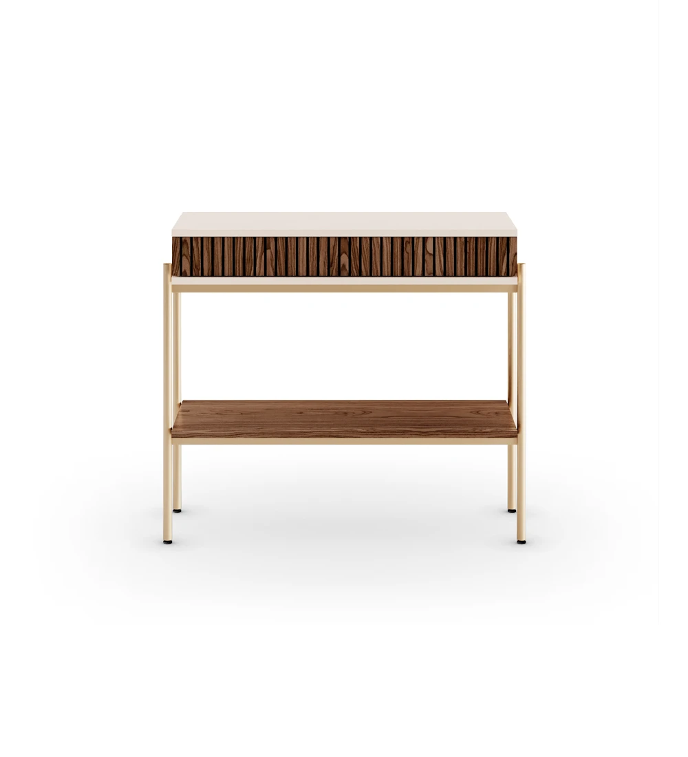 Console with drawer with friezes and shelf in walnut, pearl structure and golden lacquered metal feet with levelers.