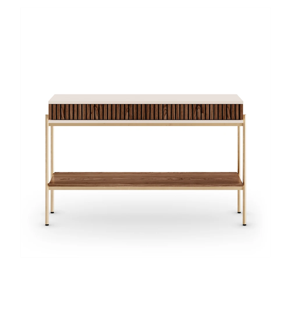 Console with 2 frieze drawers and walnut shelf, pearl structure and gold lacquered metal feet with levelers.