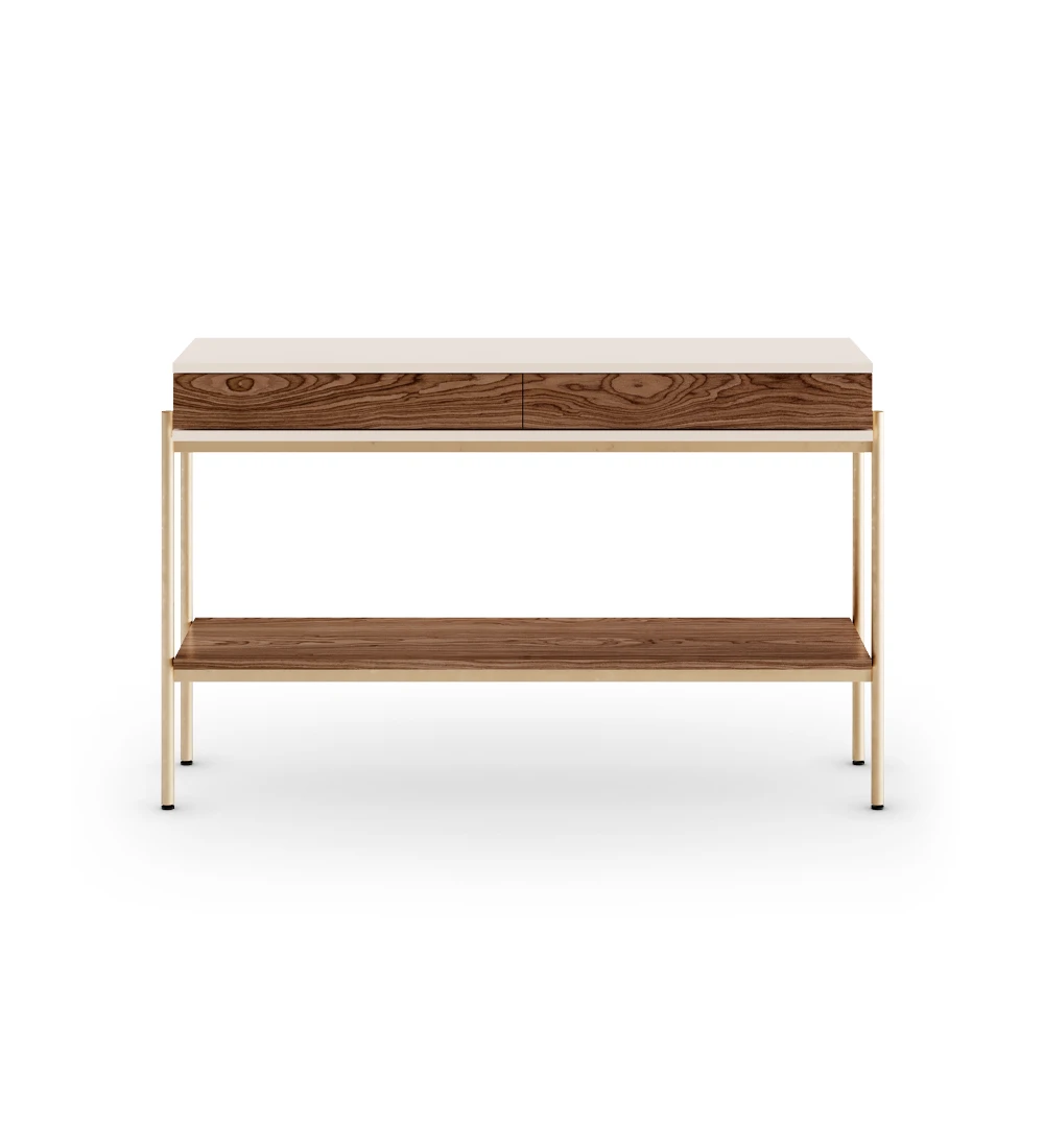Console with 2 drawers and walnut shelf, pearl structure and gold lacquered metal feet with levelers.