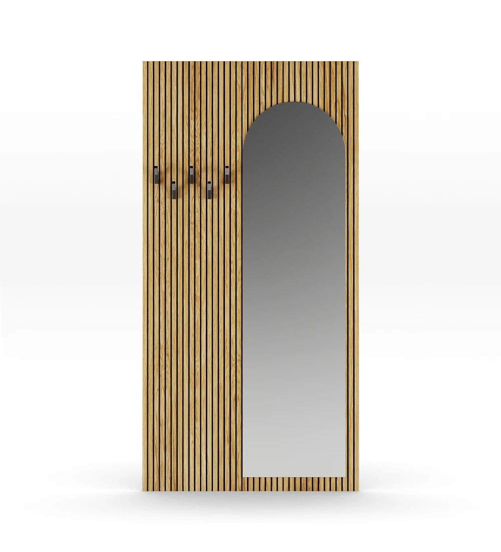 Panel para hall de entrada en roble natural con frisos, con espejo, ganchos negros.