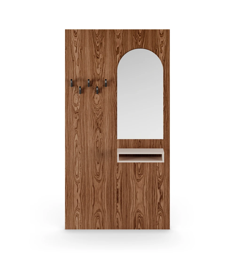 Panel for entrance hall in walnut, with mirror, module in pearl and hooks in black.