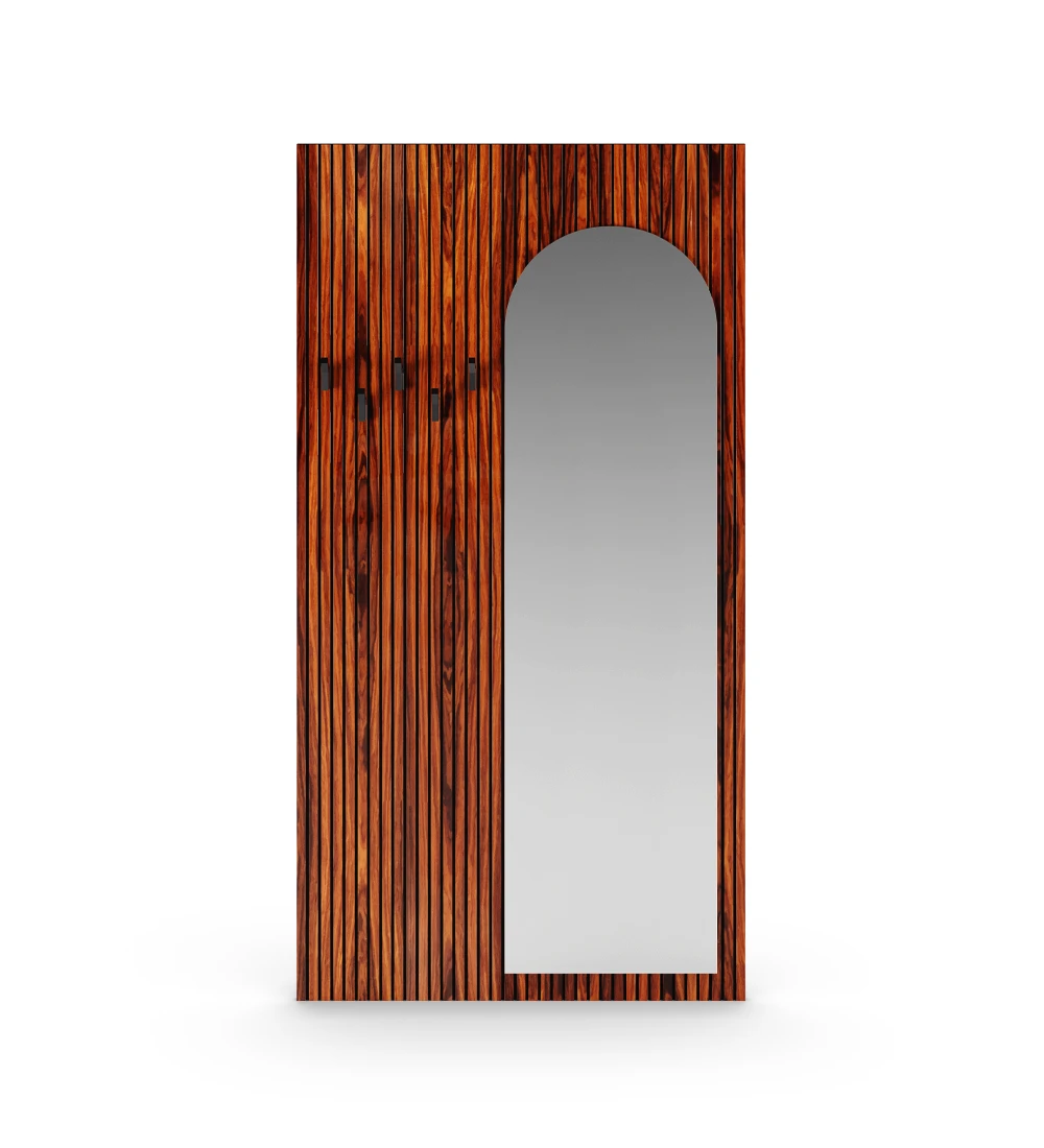 Panel para hall de entrada en palisandro alto brillo con frisos, con espejo, ganchos en negro.