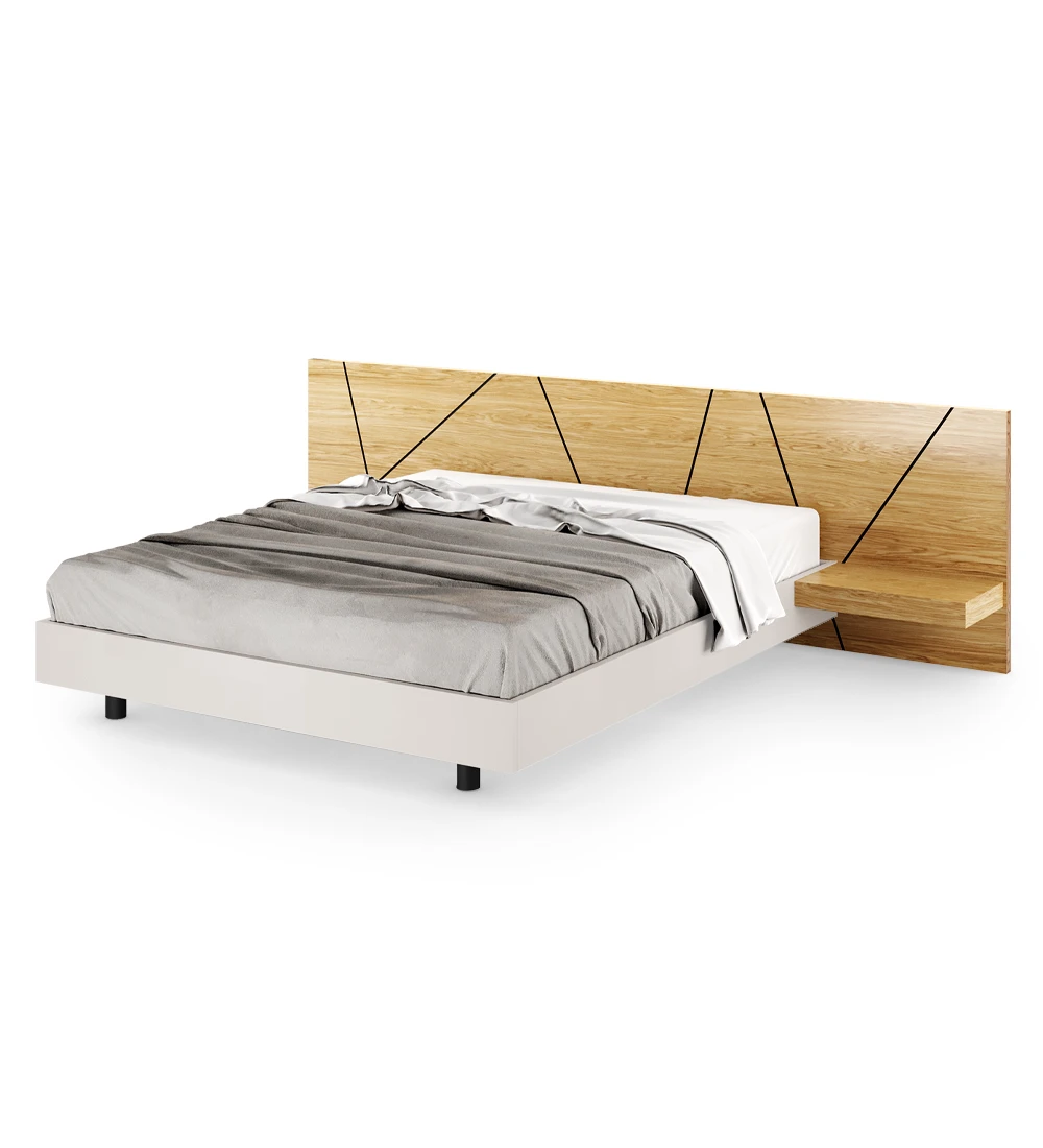 Double bed with abstract headboard and shelves in natural oak, suspended base in pearl.
