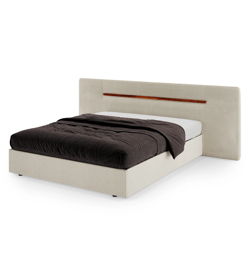 Double bed with upholstered headboard and base, high gloss palisander detail, with storage through a lifting platform.