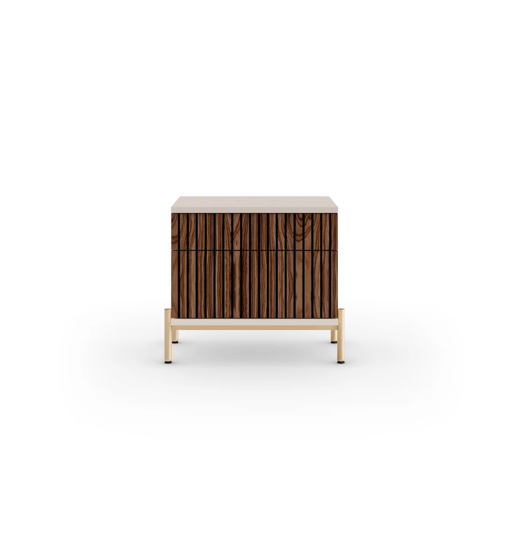 Bedside table with 2 drawers with walnut trim, pearl structure and gold lacquered metal legs with levelers.