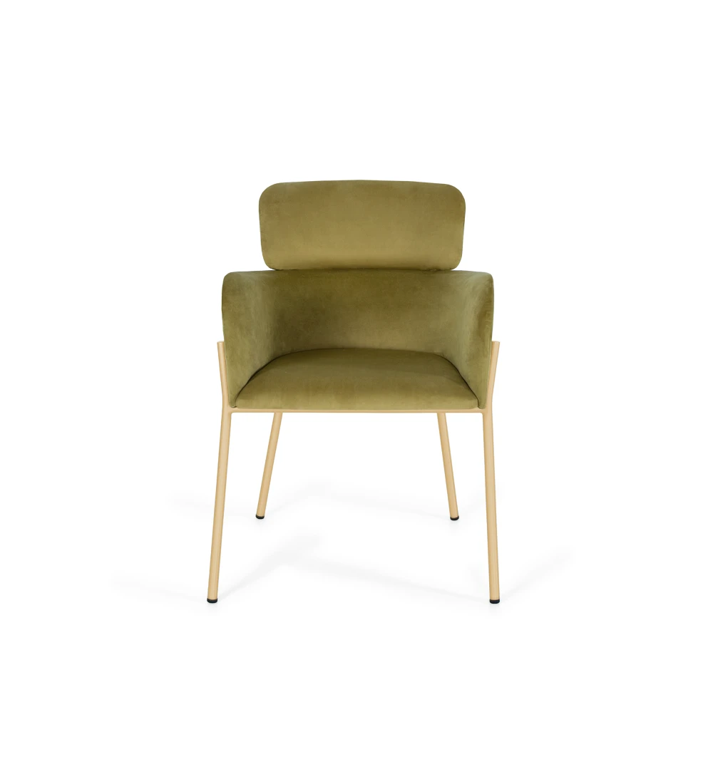 Chair with armrests upholstered in fabric, with golden lacquered metallic structure.