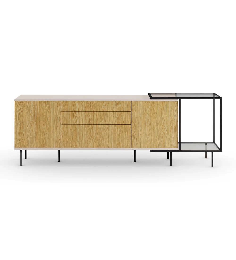 Sideboard with 2 doors, 1 hinged door and two drawers in natural oak, pearl structure and black lacquered metal feet with levelers. Side extension with black lacquered metal structure, glass top and shelf.