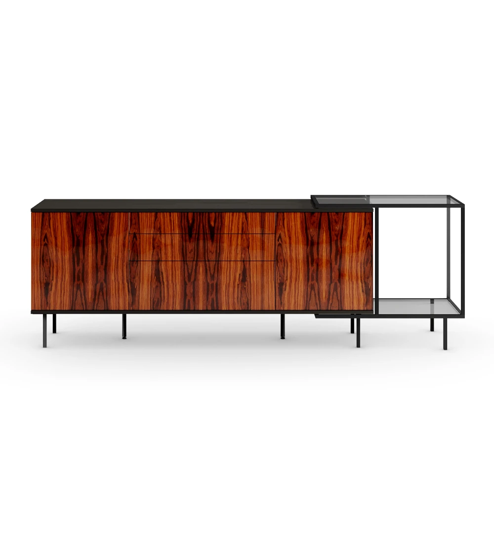 Sideboard with 2 doors, 1 hinged door and two drawers in high gloss palissander, black structure and black lacquered metal feet with levelers. Side extension with black lacquered metal structure, top and glass shelf.