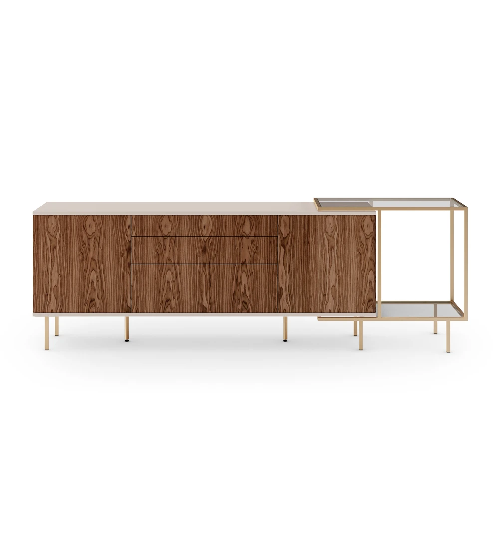 Sideboard with 2 doors, 1 hinged door and two walnut drawers, pearl structure and gold lacquered metal feet with levelers. Side extension with gold lacquered metal structure, glass top and shelf.