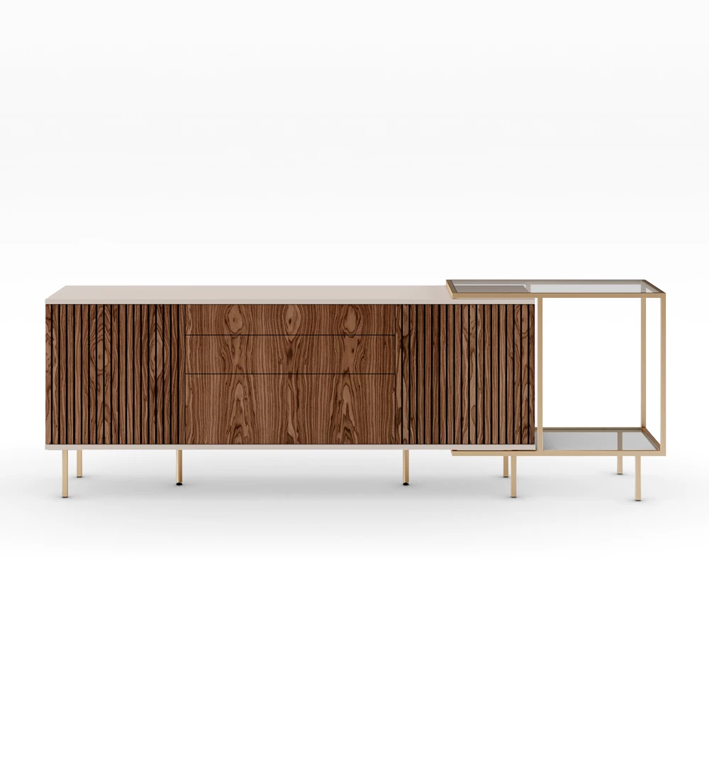 Sideboard with 2 friezes doors, 1 hinged door and 2 walnut drawers, pearl structure and gold lacquered metal feet with levelers. Side extension with gold lacquered metal structure, glass top and shelf.