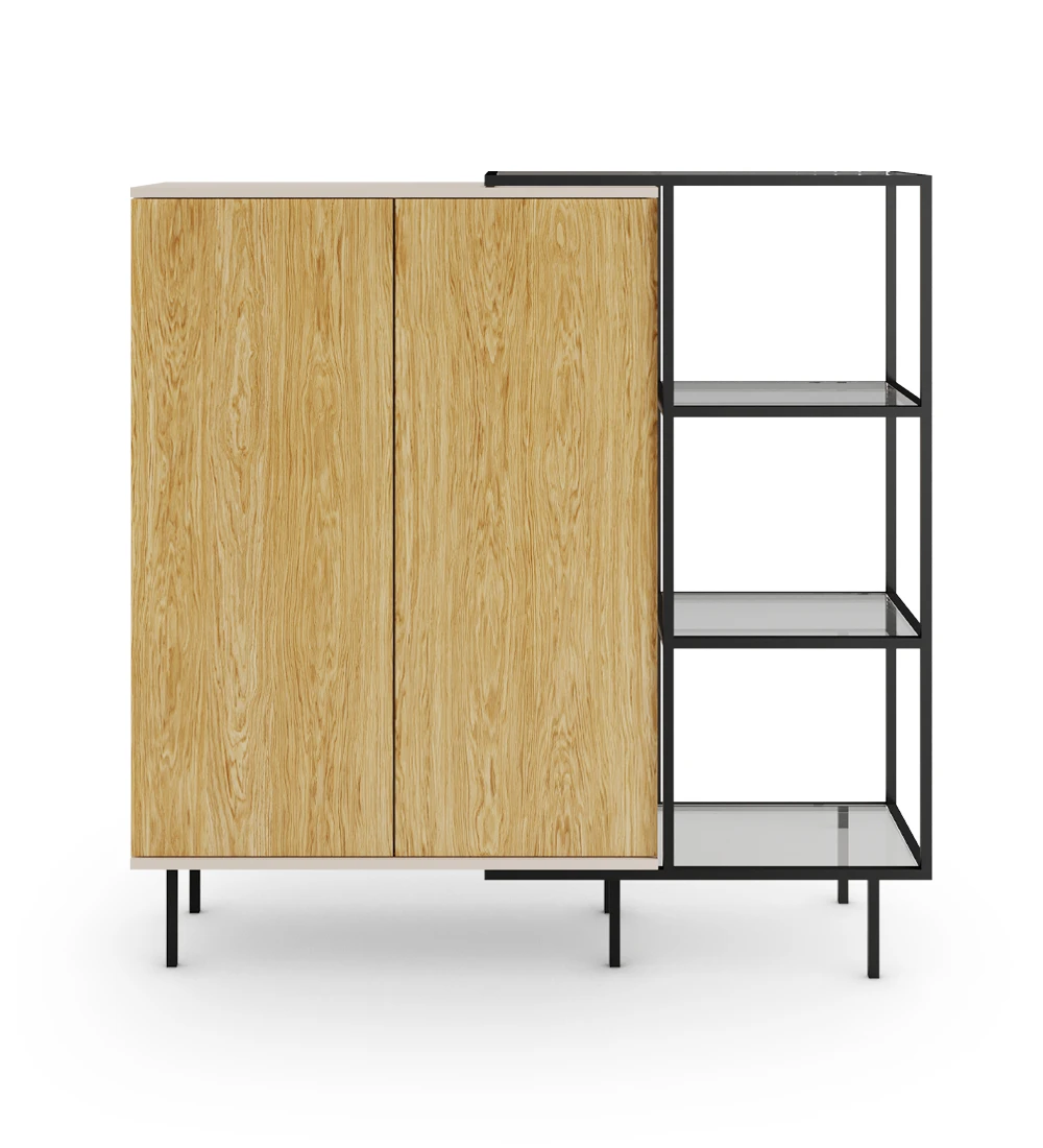 Cupboard with 2 doors in natural oak, pearl structure and black lacquered metal feet with levelers. Side extension with black lacquered metal structure, glass shelves.