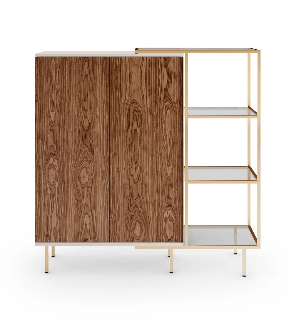 Cupboard with 2 walnut doors, pearl structure and gold lacquered metal feet with levelers.  Side extension with golden lacquered metal structure, glass shelves.