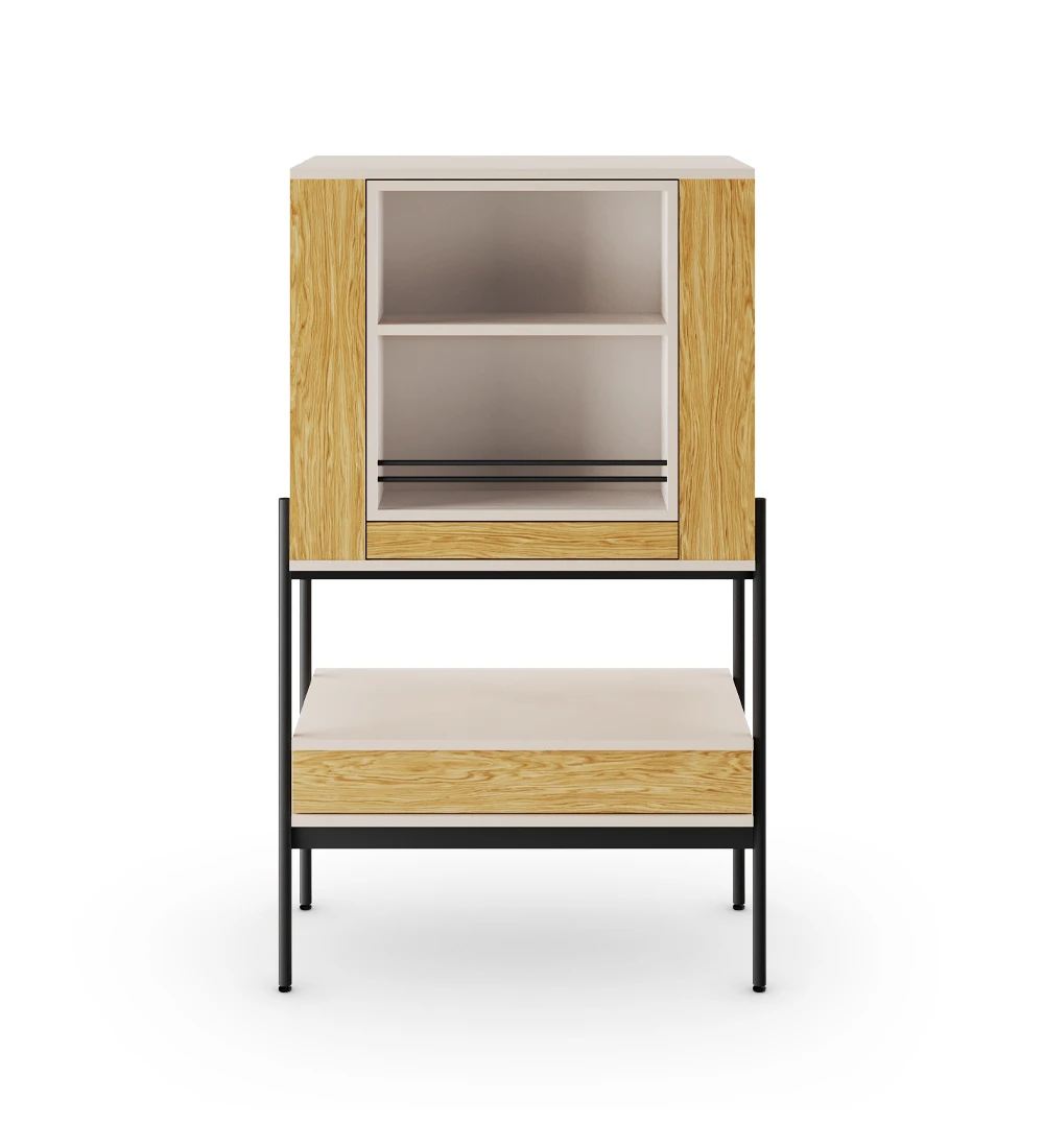 Bar cabinet with pearl structure, doors and drawer in natural oak, black lacquered metal structure, feet with levelers. Rotating center with bottle and glass holder, mirrored back.