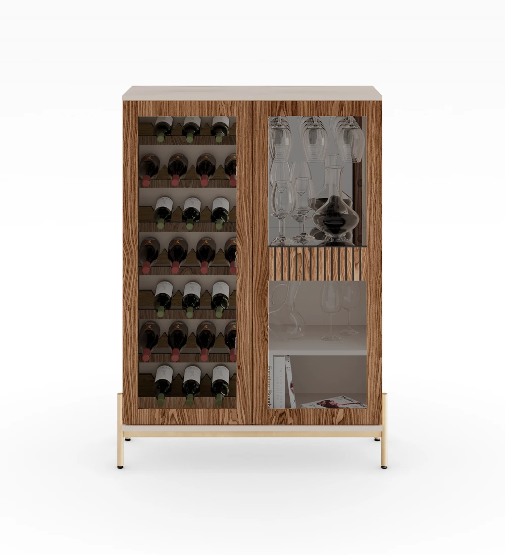 Wine cellar cabinet in walnut, with lighting, pearl structure and golden lacquered metal feet with levelers.