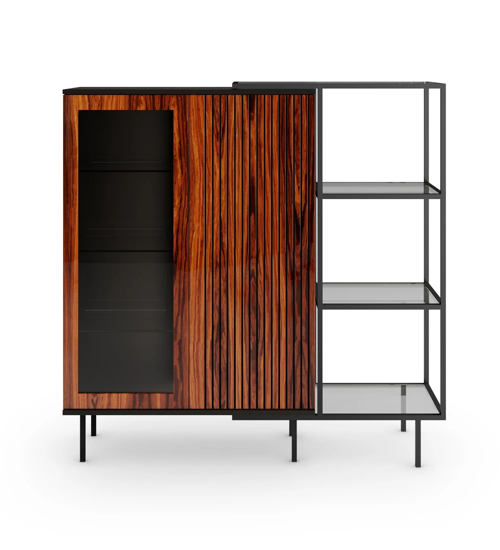 Showcase with lighting, 2 doors with friezes in high gloss palissander, structure in black and black lacquered metal feet with levelers. Side extension with black lacquered metal structure, glass shelf.