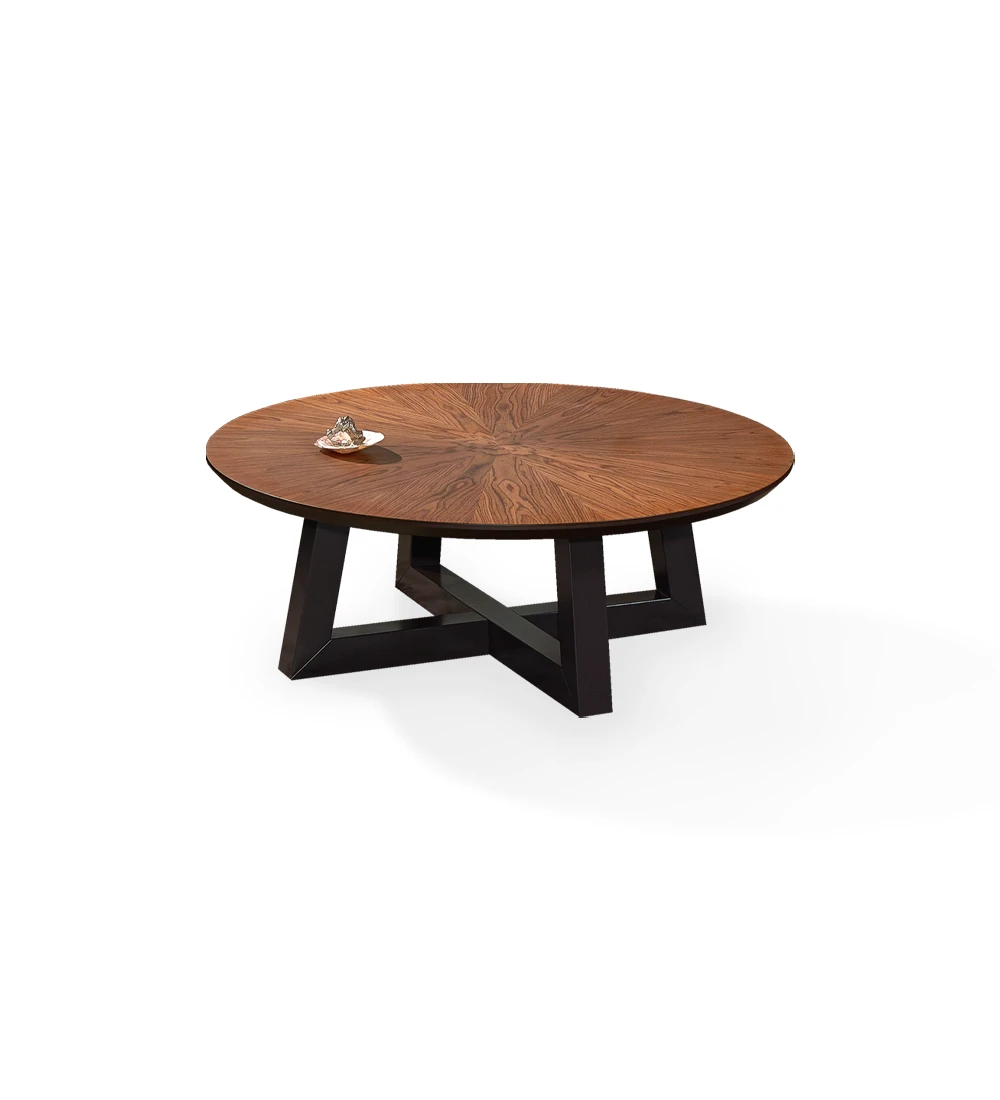 Round center table with walnut top and black lacquered foot
