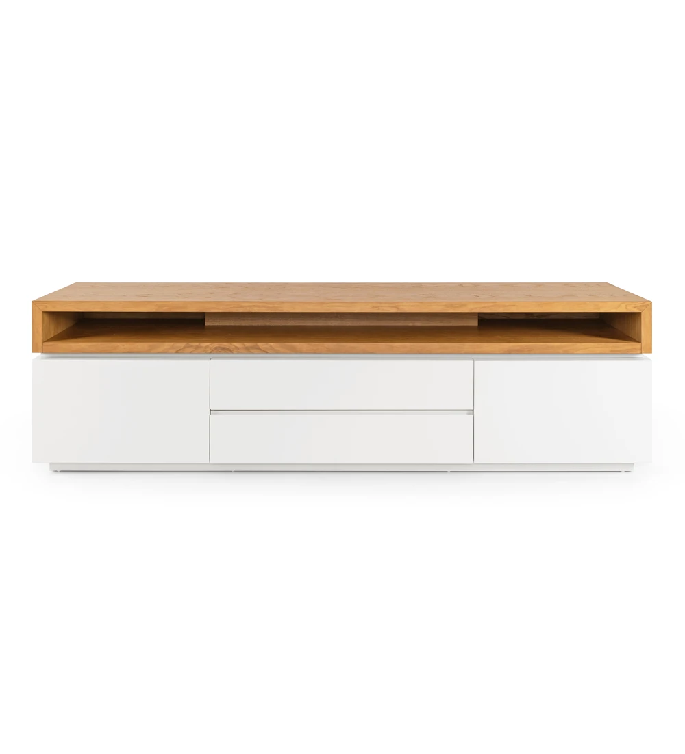 TV Stand with a pearl lacquered structure and honey oak top module.