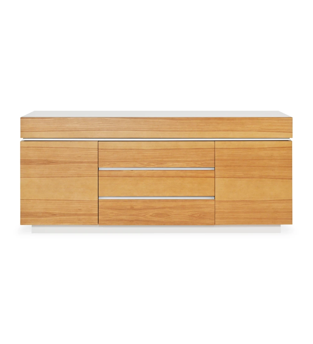 Sideboard with doors and drawers in honey oak, pearl lacquered structure, with drawer for cutlery.