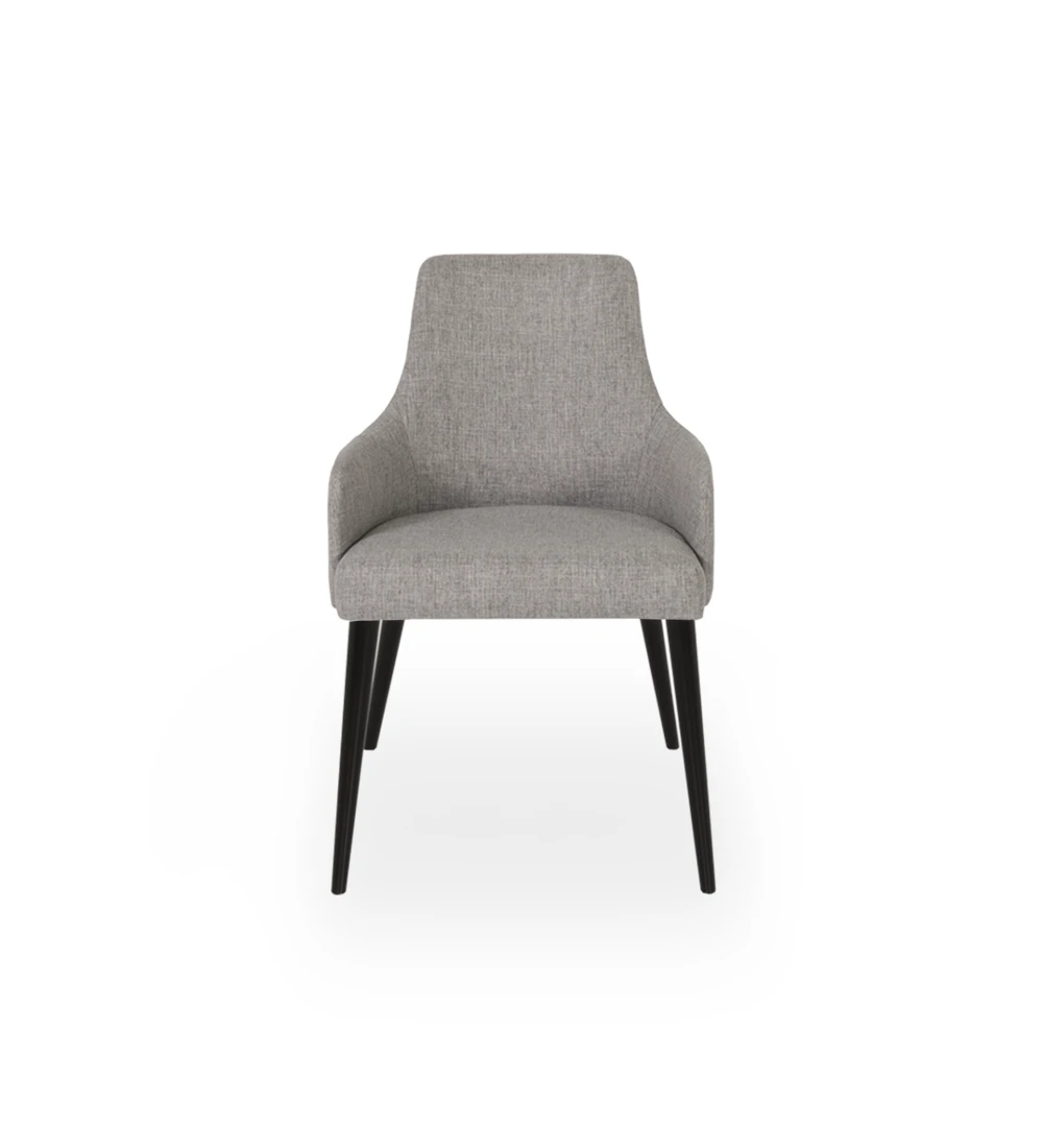 Chair with armrests upholstered in fabric, with dark brown lacquered feet.