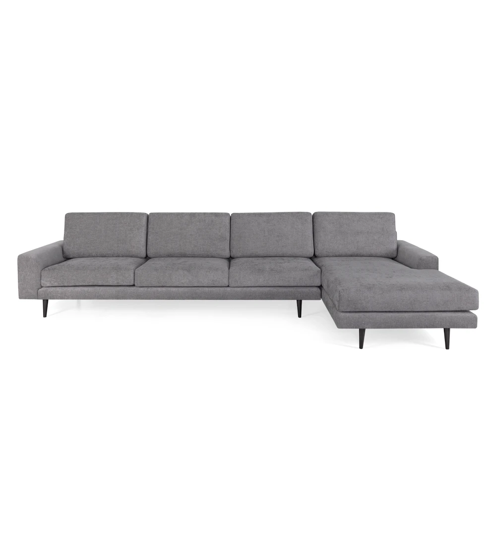 3 seater sofa with chaise longue, upholstered in fabric, with dark brown lacquered feet.