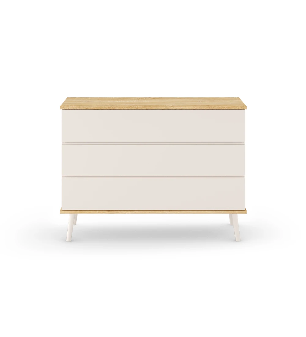 Dresser with 3 drawers with pearl lacquered fronts, pearl lacquered turned legs, natural oak structure.