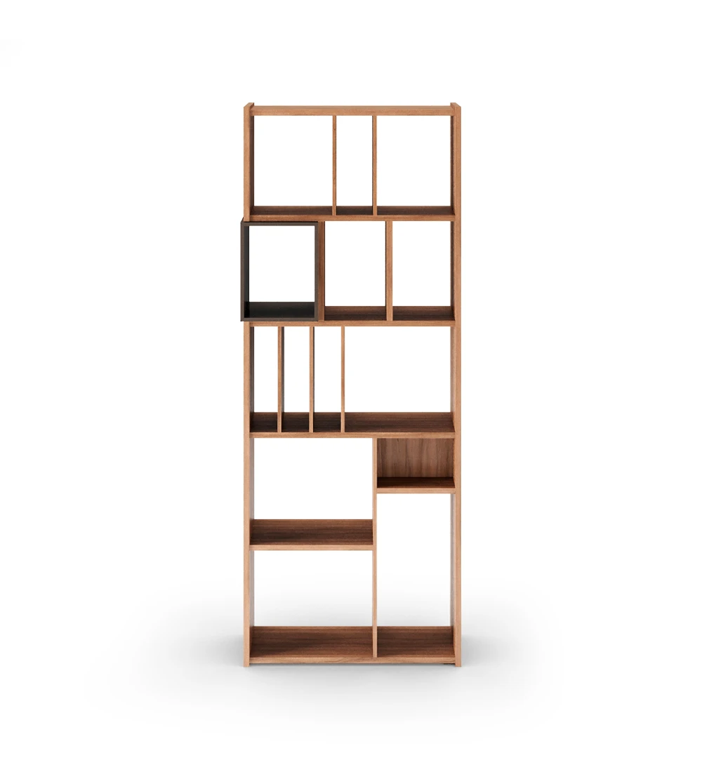 Vertical bookcase in walnut with a dark brown lacquered module.