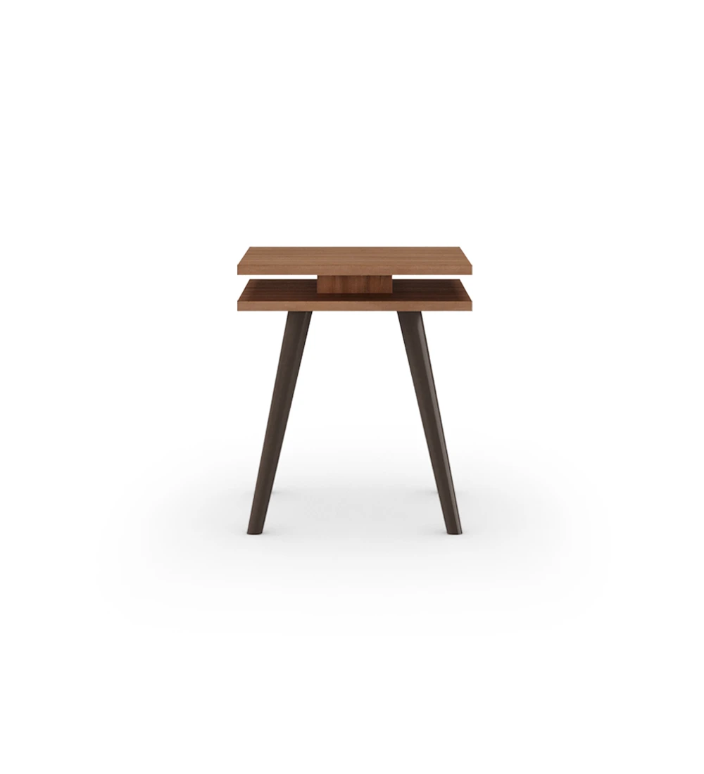 Square side table with two walnut tops and dark brown lacquered turned legs.