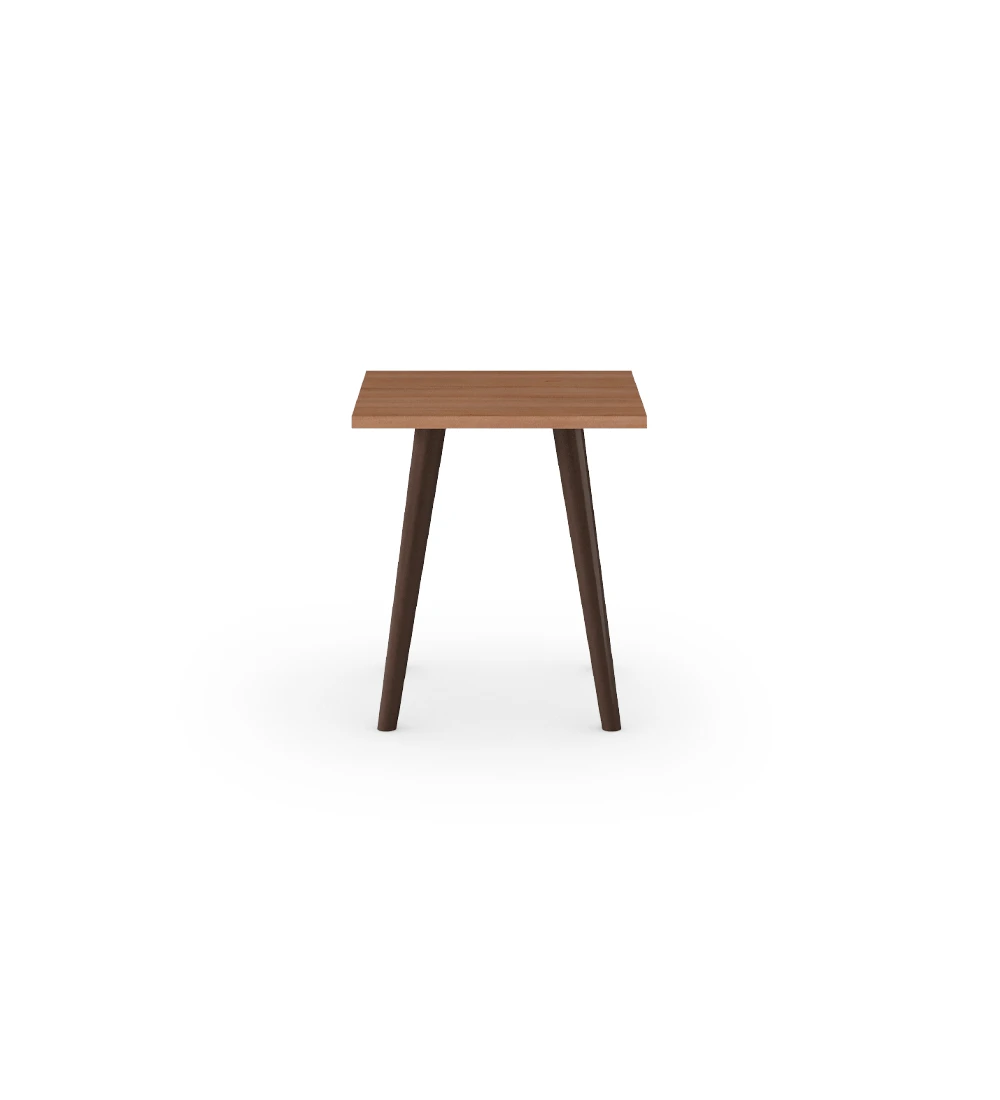 Square side table with a walnut top and dark brown lacquered turned legs.