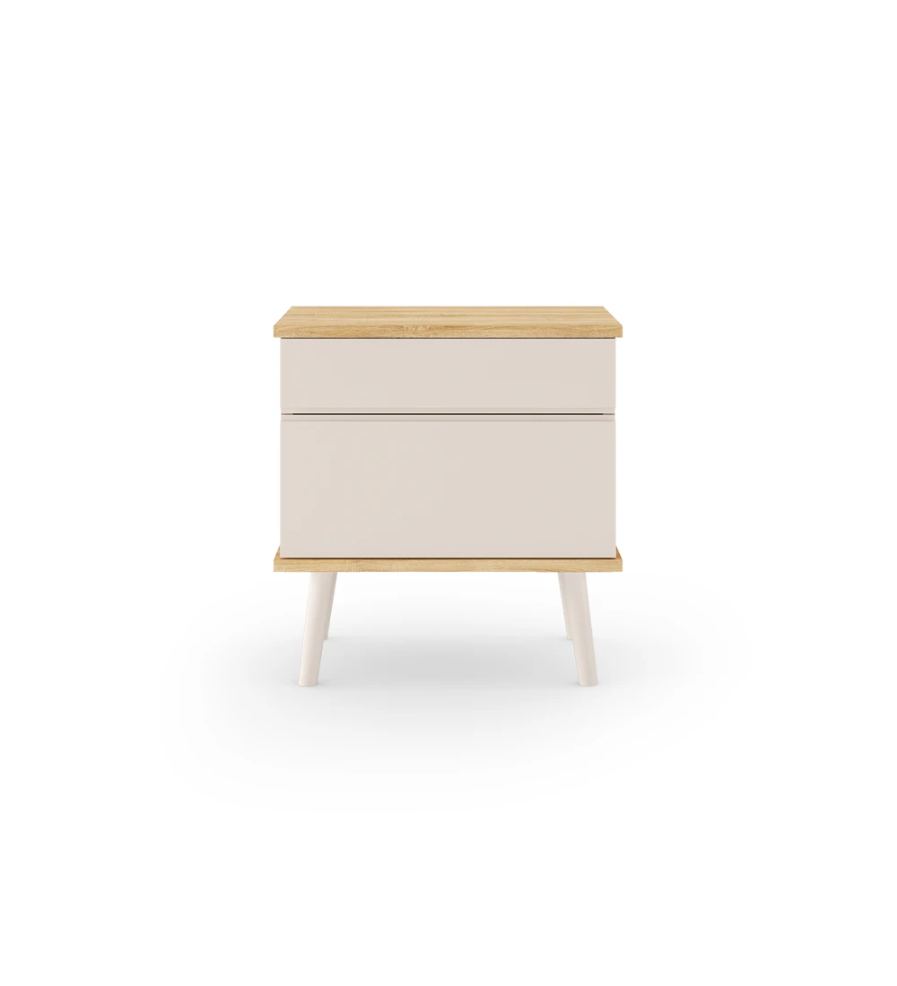 Bedside Table with 2 drawers and turned feet lacquered in pearl, natural oak structure.