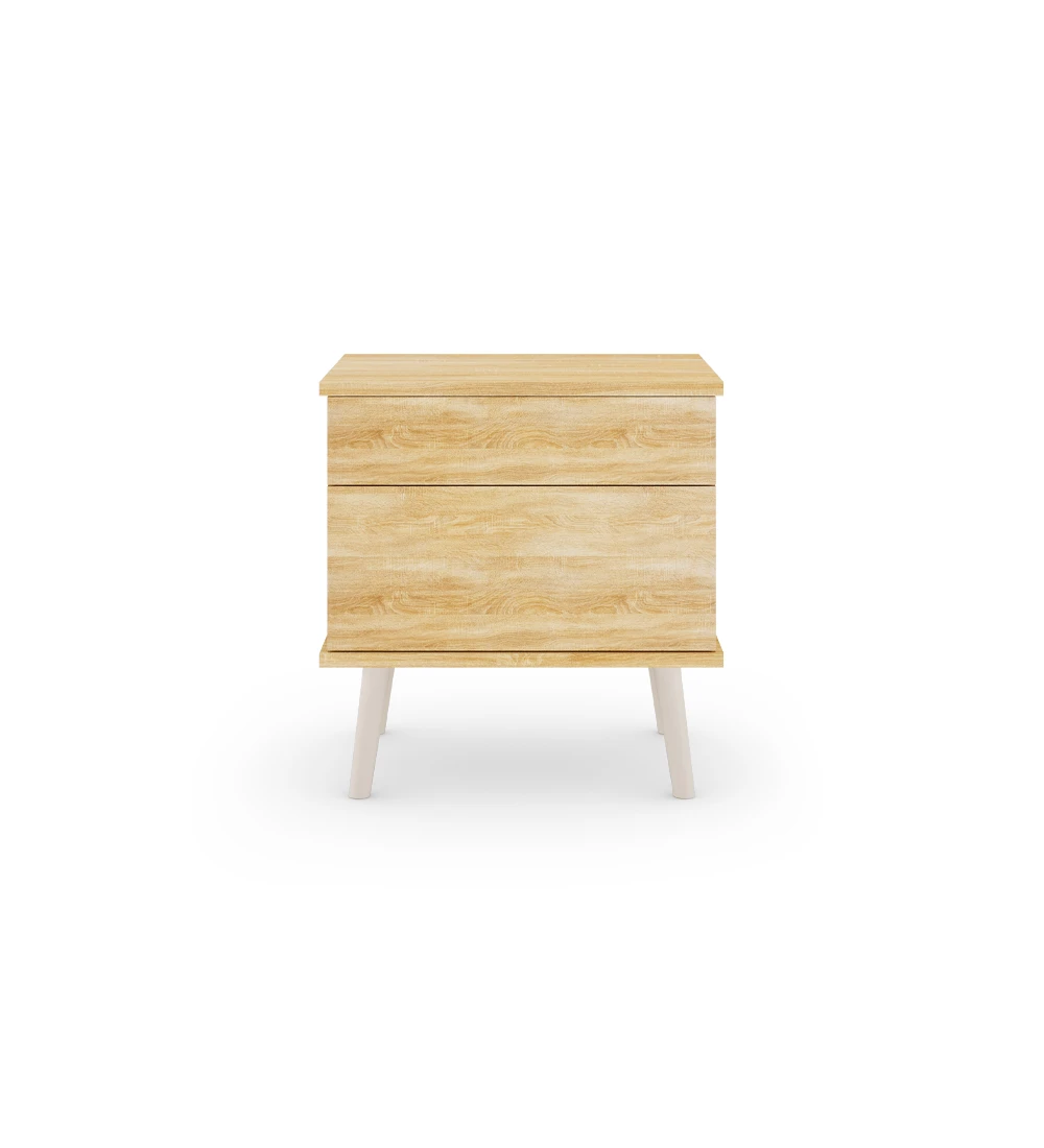 Table de Chevet 2 tiroirs, pieds tournés laqué perle et structure en chêne naturel.