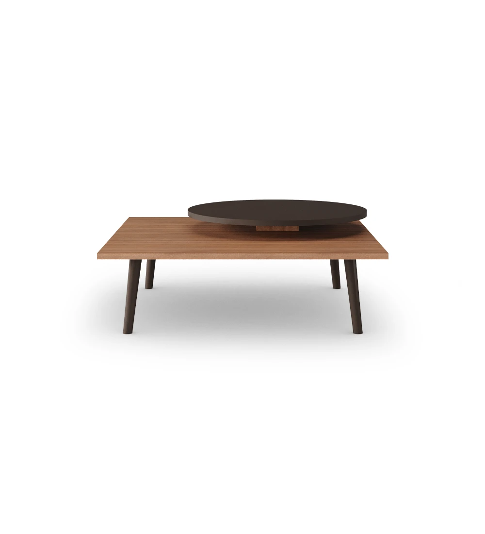 Square Center Table, with lower walnut table top, dark brown lacquered round table top and feet.